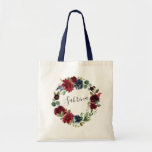 Bolso De Tela Bloom radiante personalizado<br><div class="desc">Diseñados para coincidir con nuestra colección Radiant Bloom,  estos totes personalizados hacen hermosos regalos para sus damas de honor. Personaliza con un nombre en elegantes letras manuscritas,  rodeado por una corona de flores acuáticas en ricos tonos de marina y borgoña.</div>