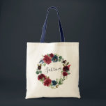 Bolso De Tela Bloom radiante personalizado<br><div class="desc">Diseñados para coincidir con nuestra colección Radiant Bloom,  estos totes personalizados hacen hermosos regalos para sus damas de honor. Personaliza con un nombre en elegantes letras manuscritas,  rodeado por una corona de flores acuáticas en ricos tonos de marina y borgoña.</div>