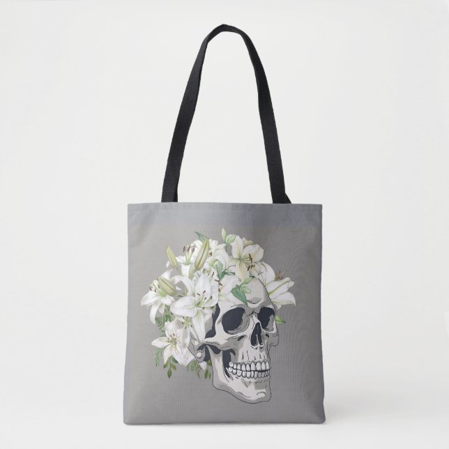 Bolso De Tela Bloom silencioso: Calaveras y lirios blancos (Anverso)