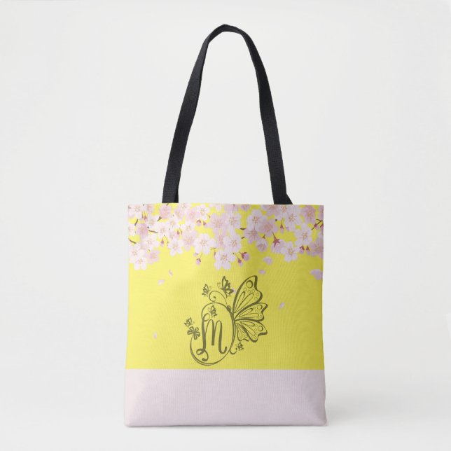 Bolso De Tela Blooms & Butterflies: Monograma amarillo - M (Anverso)