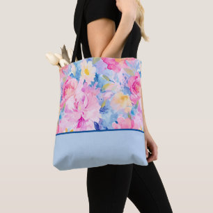 Bolso De Tela Bloque de color de las flores de color rosa y azul