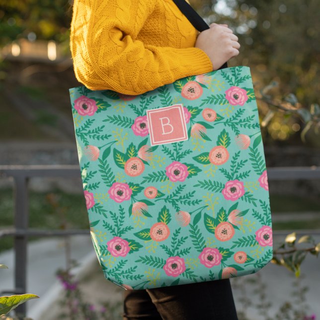 Bolso De Tela Bloques de verano | Monograma floral tropical (Subido por el creador)