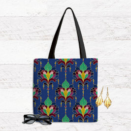 Bolso De Tela Blue and Gold Art Deco Floral Ornament