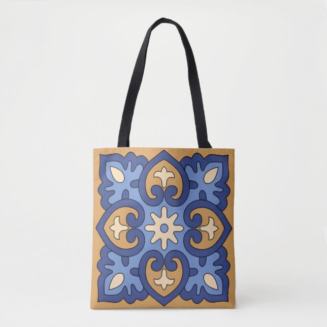 Bolso De Tela Blue and Gold Geometric Floral (Anverso)