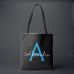 Bolso De Tela Blue Black Girly Script Monograma Nombre moderno<br><div class="desc">Elegante negro y azul Añadir tu propio nombre Bolsa de libros monograma. Esta Bolsa de Libros puede ser personalizada para incluir su nombre inicial y de pila y entregarse como regalo para Navidades,  Dulce 16 Cumpleaños,  Ducha de Novias o un Boda.</div>