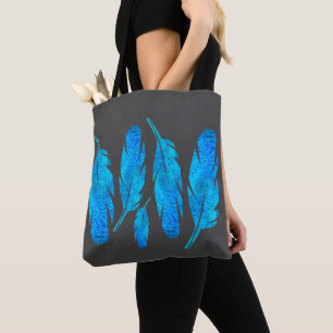 Bolso De Tela Blue boho plumas azules y grises
