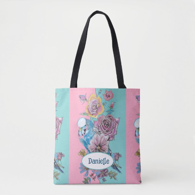 Bolso De Tela Blue Budgie Bird Rose Floral Pink Aqua Girls Name (Anverso)