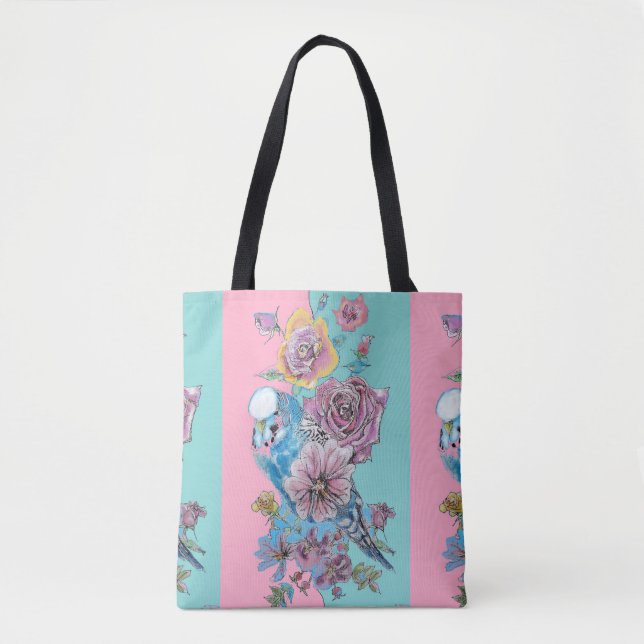Bolso De Tela Blue Budgie Bird Rose Floral Pink Aqua Girls Name (Anverso)