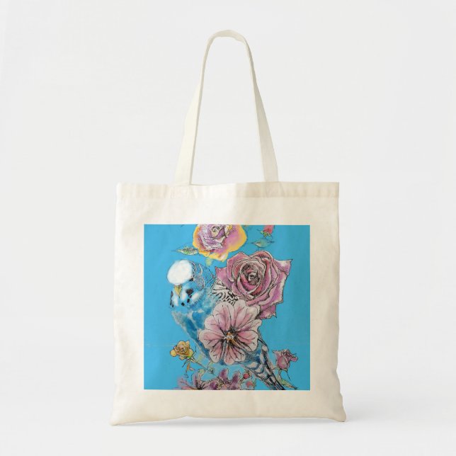 Bolso De Tela Blue Budgie Budgerigar Rosa acuarela Floral arte (Frente)