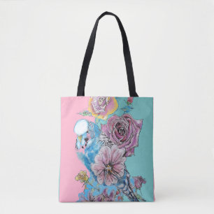 Bolso De Tela Blue Budgie Budgies Rosa Flor floral Tote Bag