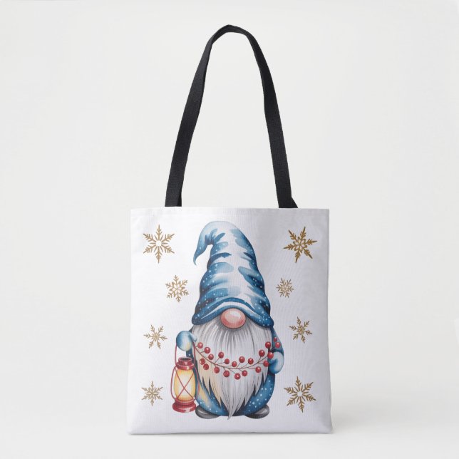 Bolso De Tela Blue Christmas Gnome with Red Lantern Berries (Anverso)