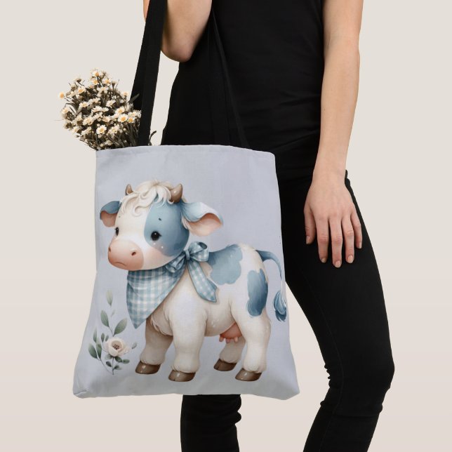 Bolso De Tela Blue Gingham Baby Cow Pastel Farm Aesthetic (Detalle)