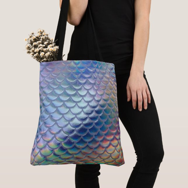 Bolso De Tela Blue Green Mermaid Fish Scales Holographic Trendy (Detalle)