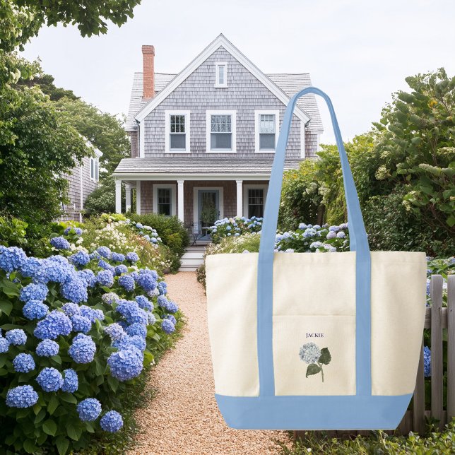 Bolso De Tela Blue Hydrangea Bloom Contraste Flor Trim Bote (blue monogrammed contrast trim tote bag with blue hydrangeas)