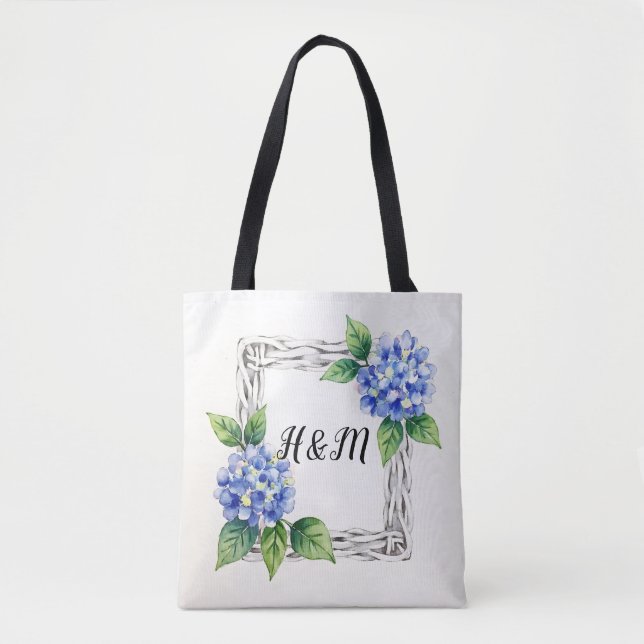 Bolso De Tela Blue Hydrangea Border Customized (Anverso)
