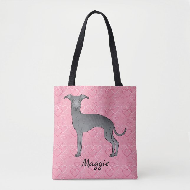 Bolso De Tela Blue Italian Greyhound Cute Dog En Corazones Rosa (Anverso)