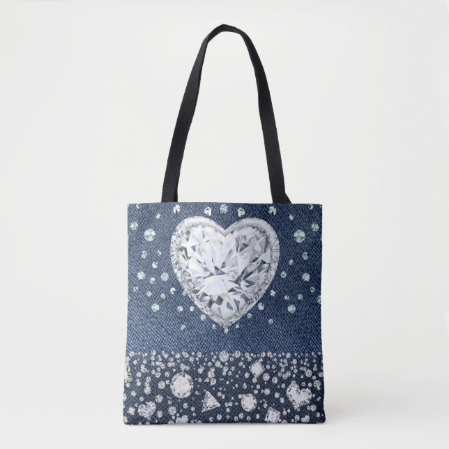 Bolso De Tela Blue Jean Denim & Diamonds Bling Diamond Heart (Anverso)