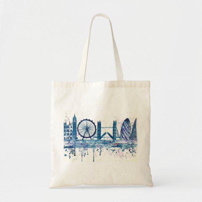 Bolso De Tela Blue London Skyline acuarela Inglaterra moderna (Frente)