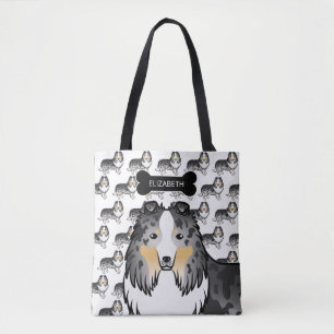 Bolso De Tela Blue Merle Shetland Sheepdog Perro Y Hueso & Nombr