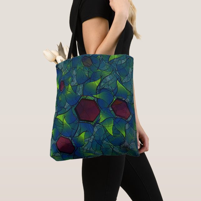 Bolso De Tela Blue notched virtual petals, leafy and red hexagon (Detalle)