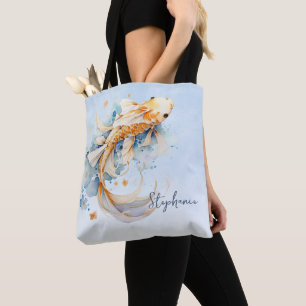 Bolso De Tela Blue Watercolor Gold Koi Fish Personalizado