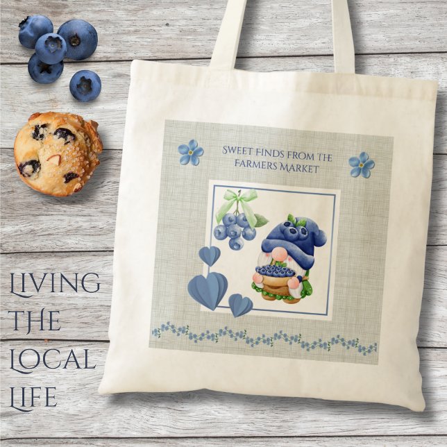 Bolso De Tela Blue Whimsical Gnome Blueberry Farmers Market (Grab this charming gnome tote and make your next market haul the sweetest one yet!)