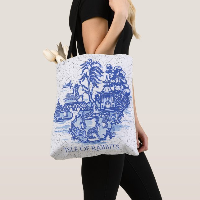 Bolso De Tela Blue Willow Rabbit Island Whimsical Elegant Fun (Detalle)