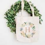 Bolso De Tela Blush Floral Watercolor Wreath Bridesmaid Initial<br><div class="desc">Stylish floral monogram design features a wreath of watercolor painted roses and ranunculus flowers. Personalize with custom monogram initial in rose gold. Soft color scheme includes shades of blush pink,  peach,  gray,  cream,  green,  and gold. Makes a unique bridesmaid / bridal party gift!</div>