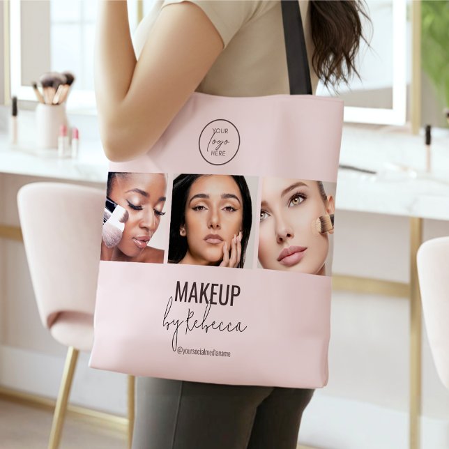 Bolso De Tela Blush Pink Modern 3 Photo Makeup Studio Logo (Modern blush pink design with 3 photo slots for your model photography)