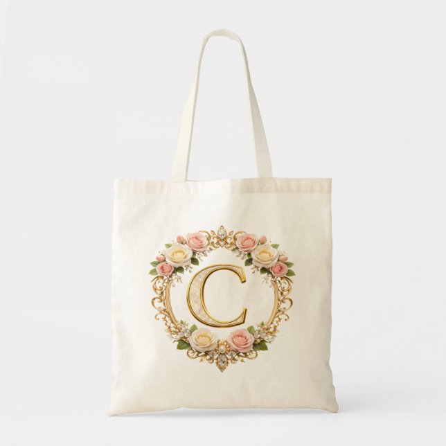 Bolso De Tela Blush Rose Gold Floral Monogram Letter C Wedding (Frente)