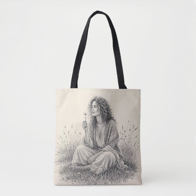 Bolso De Tela Boceto a lápiz de soñadora bohemio  (Anverso)