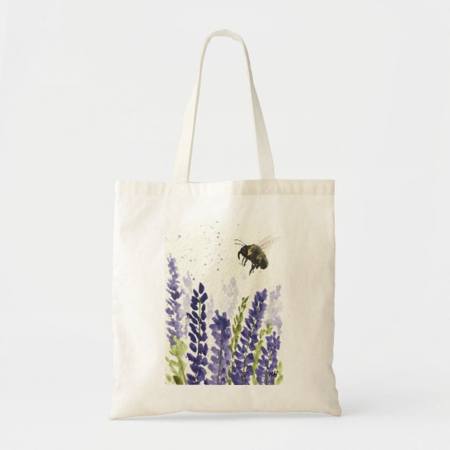 Bolso De Tela Bocina de lavanda insecto acuarela Flores hierbas (Frente)