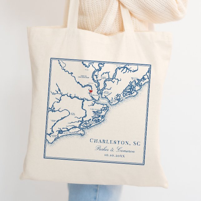 Bolso De Tela Boda Azul de la Marina de Carolina del Sur de Char (Charleston South Carolina Map Tote Bag Wedding Favor -- an elegant navy blue wedding welcome bag )