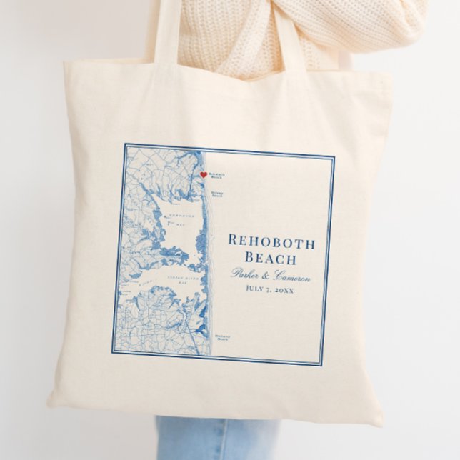 Bolso De Tela Boda azul de la Marina de Delaware de Rehoboth Bea (Rehoboth Beach Delaware Tote Bag elegant navy blue wedding favor welcome bag by Coastal Map Designs)