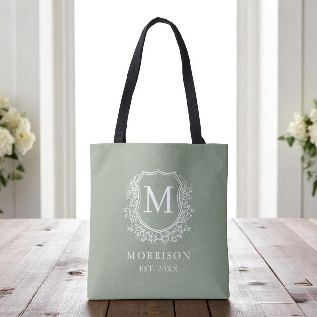 Bolso De Tela Boda botánico de Monograma Sage Green Escudo (Subido por el creador)