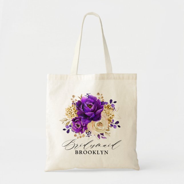 Bolso De Tela Boda Botánico Royal Purple Violet Gold Floral (Frente)