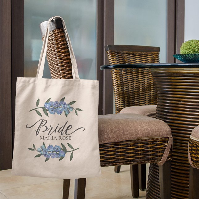 Bolso De Tela Boda Bride Blue Botanical Floral Personalizada (Blue floral calligraphy script custom tote bag)