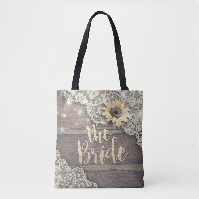Bolso De Tela Boda Brides Lace Sunflower Rústica Luces de Madera (Anverso)