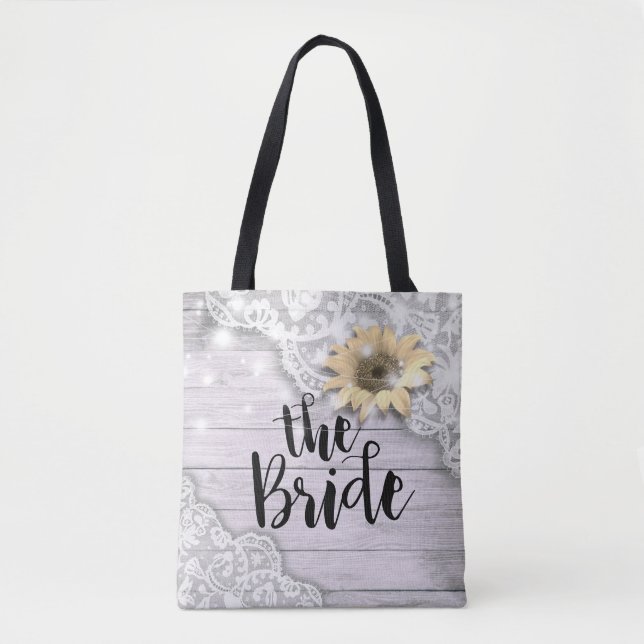 Bolso De Tela Boda Brides Lace Sunflower Rústica Luces de Madera (Anverso)