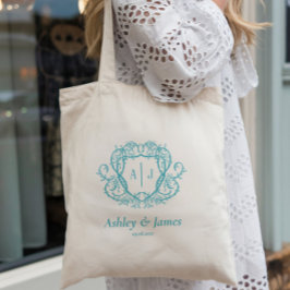 Bolso De Tela Boda Cresta Monograma Turquesa Rosa Desordenada