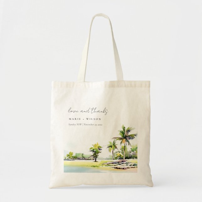 Bolso De Tela Boda de acuarela de palmeras costeras tropicales (Frente)