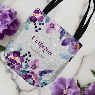 Bolso De Tela Boda de Acuarela Floral Morado y Brillo Plateado