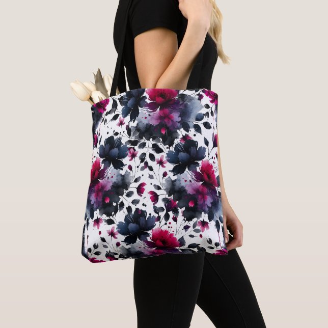 Bolso De Tela Boda de Acuarela Floral Rosa Magenta y Azul (Detalle)