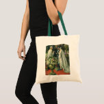 Bolso De Tela Boda de cosecha, novia y novio con Menorah<br><div class="desc">Imagen de la ceremonia del amor al ilustracion vintage y boda romántico que presenta a una pareja casada en una hermosa sinagoga con vidrieras,  flores y una menorah de siete ramas. La novia lleva un vestido largo y blanco boda y el novio es guapo en su esmoquin.</div>