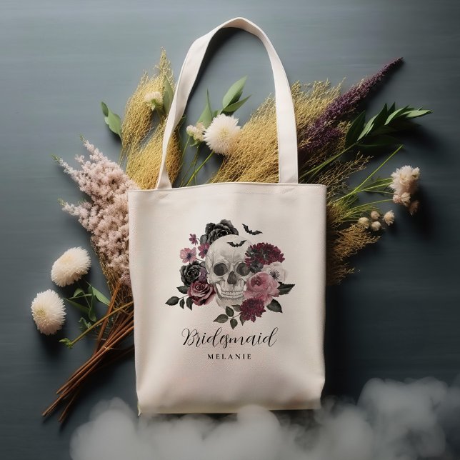 Bolso De Tela Boda de cráneo floral gótica de Halloween (Bridesmaid Halloween Gothic Floral Skull Wedding Tote Bag)