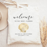 Bolso De Tela Boda de Destino Bienvenida Concha De Vieiras De Or<br><div class="desc">Este hotel de bodas o bolsa de favores de destino presenta un ilustracion vintage de una concha de vieiras en Relieve metalizado falso dorado, bajo la palabra "bienvenido" en elegante escritura de escritura negra. Personalízalo con la ubicación de su boda, los nombres de la novia y del novio y la...</div>