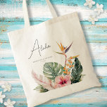 Bolso De Tela Boda de destino de acuarela tropical botánica<br><div class="desc">Esta elegante bolsa de tocador de bodas de destino cuenta con magníficos productos botánicos acuáticos como hojas de palma, hibiscos y pájaro del paraíso. La tipografía es clásica pero moderna. El guión de la parte delantera dice "Aloha", pero esto se puede personalizar fácilmente. Este es el diseño perfecto para una...</div>