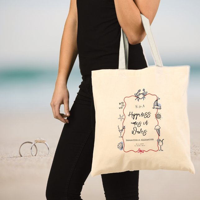 Bolso De Tela Boda de Destino Garabatos de Cangrejo Azul Bienven (Coastal Maine Beach Blue Crab Doodles Destination Wedding Guest Welcome Tote Bag)
