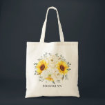 Bolso De Tela Boda de Eucaliptos Florales de Marfil de Sunflower<br><div class="desc">La elegante bolsa de tote boda floral floral de mediados de verano presenta un ramo de hidrangea de girasol acuarela y peonías en tonos amarillos, marfil, con hojas botánicas verdes y eucalipto. Encontrará más diseños y variaciones de mi tienda "blissweddingpaperie". Y no dudes en ponerte en contacto conmigo para seguir...</div>