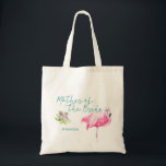 Bolso De Tela Boda de flamingo de mar de playa madre de la novia<br><div class="desc">Madera estelar del mar de novia / playa / destino bolsa de tetas de boda con un flamingo de color de agua rosa,  escritura de caligrafía azul acuática y texto editable. Personalízalo con la madre del nombre de la novia.</div>